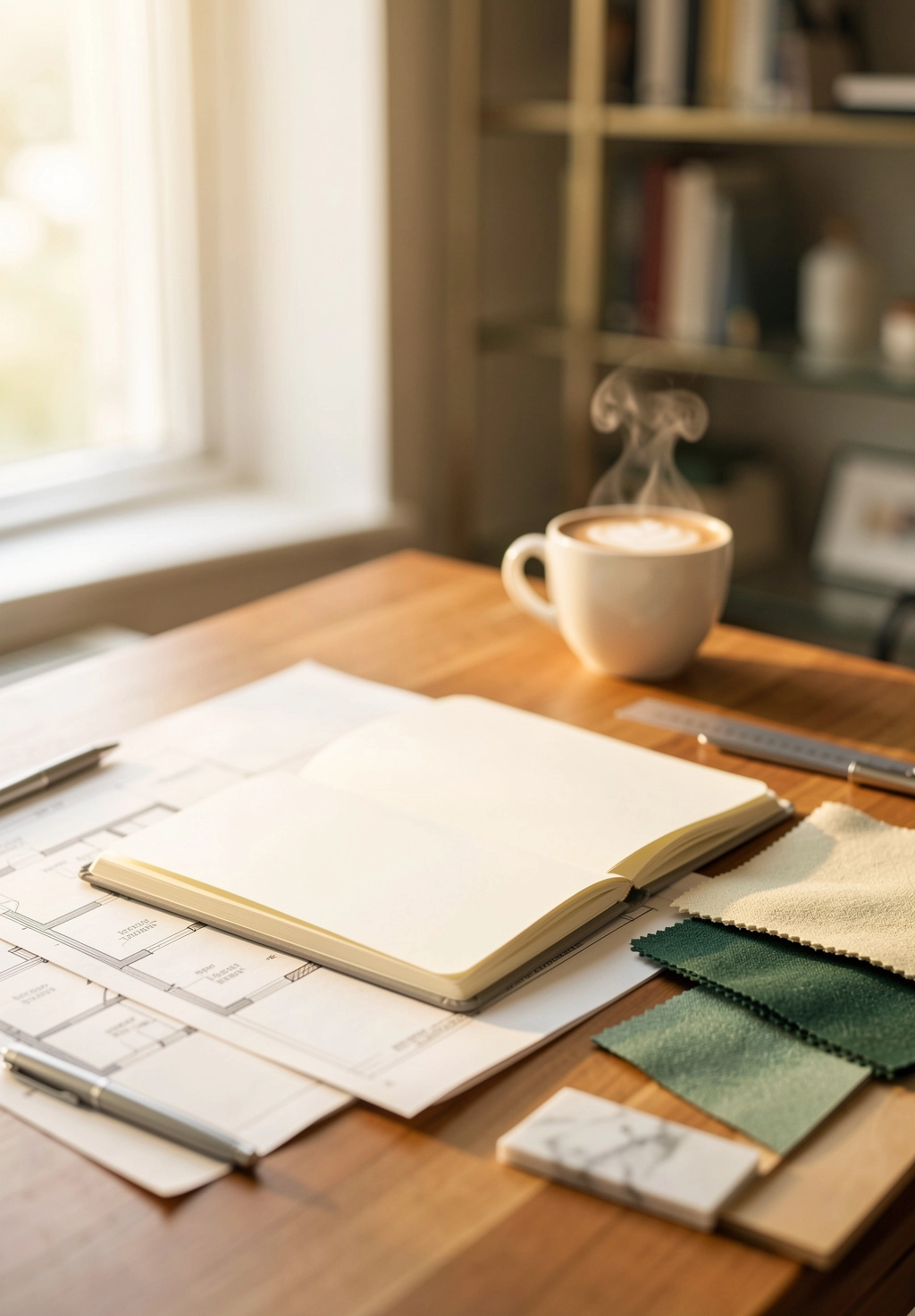 Biurko projektantki wnętrz Totemi z otwartym notesem, rzutami architektonicznymi i próbkami tkanin w kolorach beżu – oferta dla klientów z Bielska i Katowic.