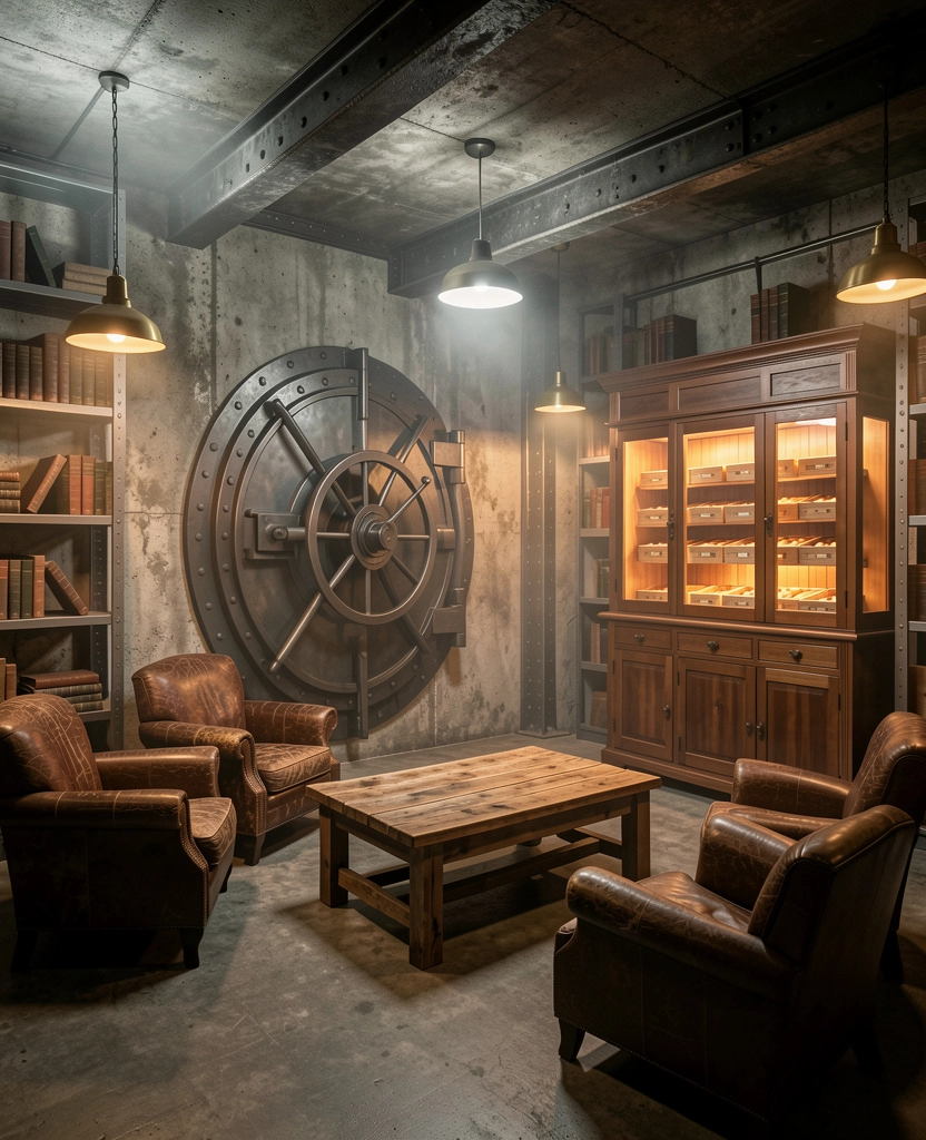 Salon w stylu bunkra z dekoracyjnymi stalowymi włazami i skórzanymi fotelami vintage, projekt Totemi Bielsko-Biała.