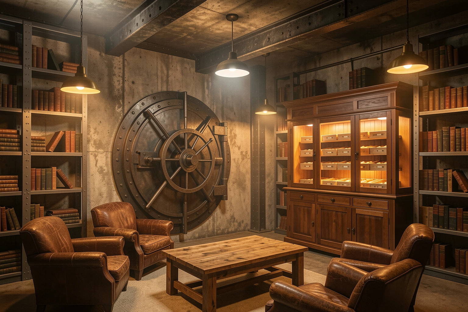 Salon w stylu bunkra z betonowymi ścianami i szafą na broń, projekt Totemi Bielsko-Biała.