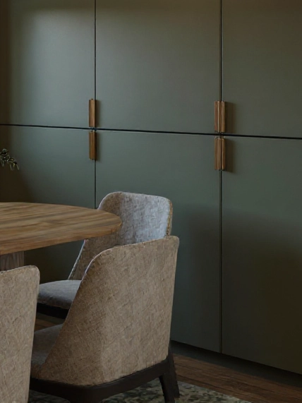 Detale tkanin krzeseł jadalnianych i tekstury frontów meblowych w jadalni, projekt Bielsko-Biała.