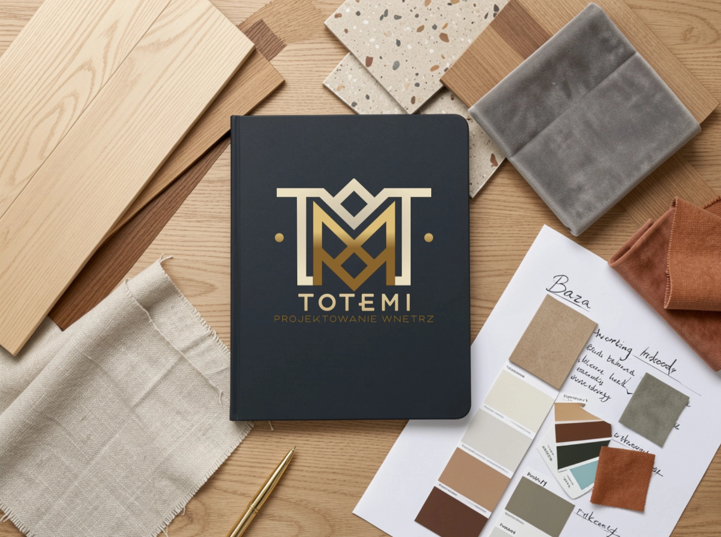 Ciemny notes z dużym złotym logo Totemi leżący na drewnianym blacie w otoczeniu próbek materiałów: jasnego drewna, szarego weluru, ceglastej tkaniny, płytek terrazzo oraz arkusza z opisaną paletą barw "Baza" i wzornikami kolorów.
