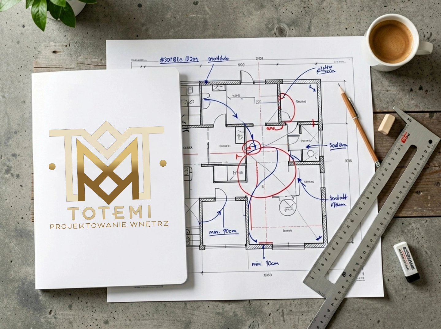 Biały notes z logo Totemi i napisem "TOTEMI Projektowanie wnętrz" leżący na profesjonalnym rzucie architektonicznym mieszkania obok kawy, ołówka i miarki.