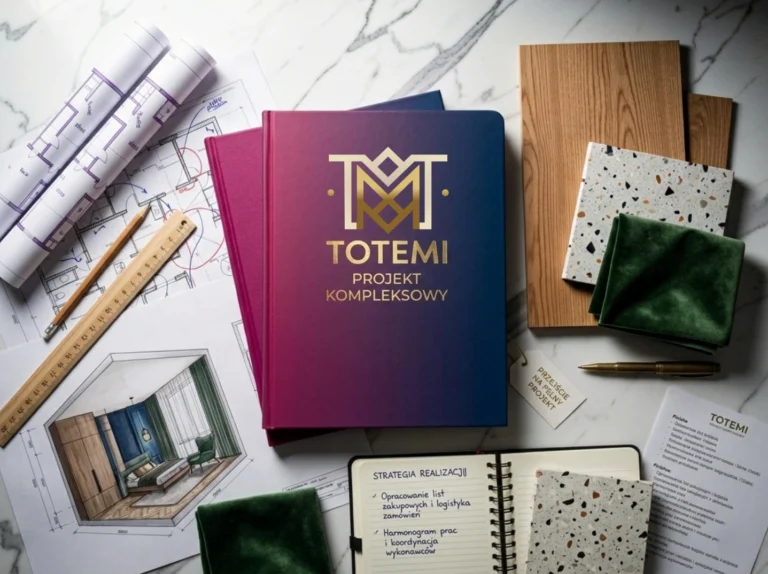 Elegancki, ciemny planer z logo Totemi i złotym napisem "Projekt Kompleksowy" leżący na marmurowym blacie. Wokół znajdują się próbki drewna, tkanin (zielony welur), terrazzo, rzuty architektoniczne, wizualizacja sypialni oraz notes z nagłówkiem "Strategia realizacji".