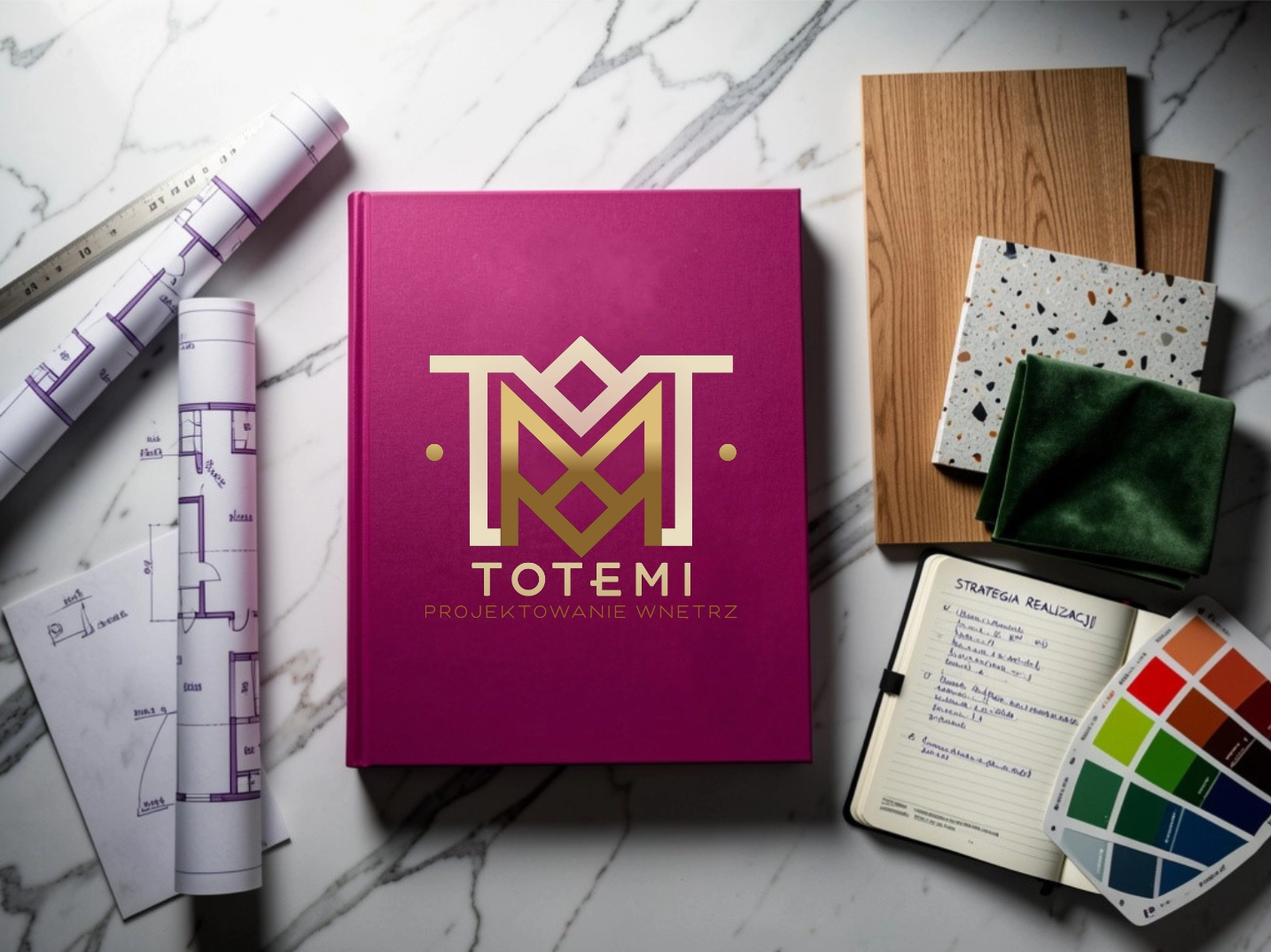 Ciemnoróżowy, elegancki folder z dużym złotym logo Totemi i napisem "Projektowanie Wnętrz" na marmurowym tle. Obok leżą rulony projektów, drewniany wzornik, próbki tkanin w odcieniach zieleni, płytki terrazzo, otwarty notes z odręcznymi zapiskami "Strategia Realizacji" oraz profesjonalny próbnik kolorów.